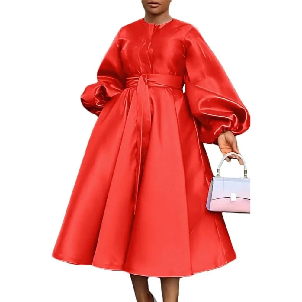 Red Satin Lantern Sleeve Midi Dress‎ XL Button Front Belted A-Line Formal Party